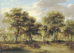 View of Richmond Park with figures on a path and cattle beyond by James Stark