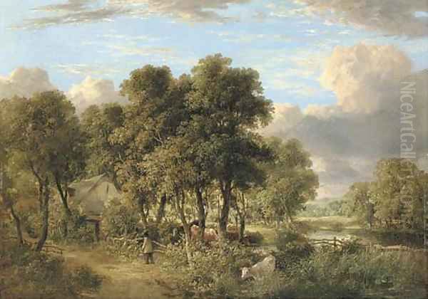 On the Yare a wooded river landscape with cattle, a figure and a cottage by James Stark