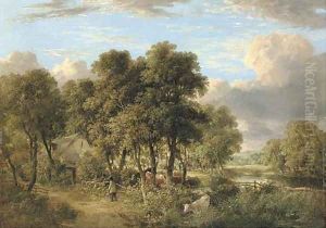 On the Yare a wooded river landscape with cattle, a figure and a cottage by James Stark