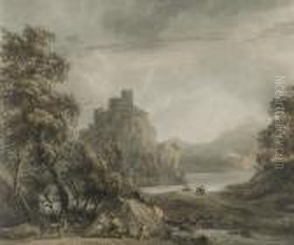 A Mountainous Landscape With A Castle And A Rustic Family In Theforeground - view 1