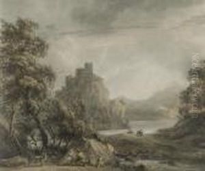 A Mountainous Landscape With A Castle And A Rustic Family In Theforeground by Paul Sandby