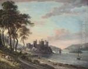 Conway Castle, North Wales, With Figures In The Foreground Andshipping Beyond