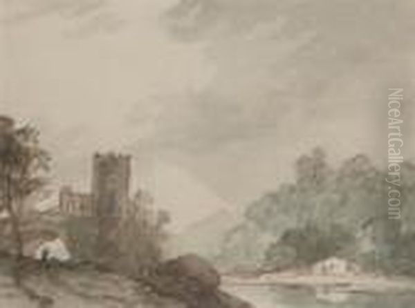 Lakeside Scene With Ancient Castle - view 1