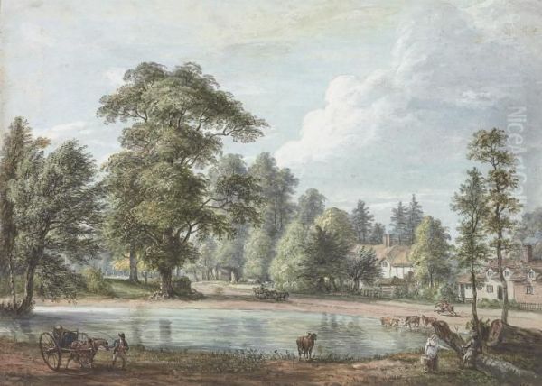 A Village Pond With Cattle Watering, Possibly Nuneham Courtenay,oxfordshire - view 1