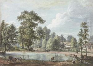 A Village Pond With Cattle Watering, Possibly Nuneham Courtenay,oxfordshire