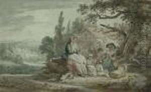 A Family Group Knitting Outside A Country Cottage by Paul Sandby