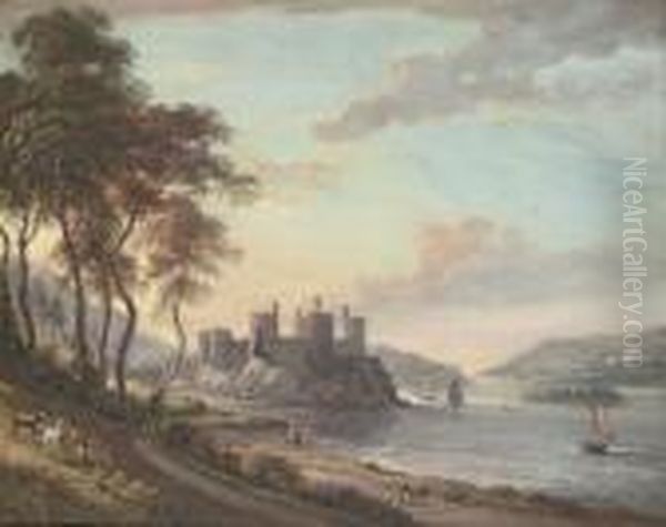 Conway Castle, North Wales, With Figures In The Foreground And Shipping Beyond - view 1