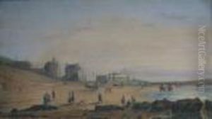 Figures Riding Horses On A Beach With Distant Regency Pavilion And Beach Huts by Paul Sandby