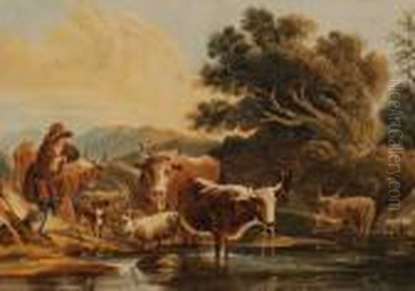 Herdsmen With Cattle Andgoats By A Stream - view 1