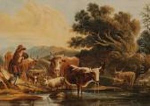 Herdsmen With Cattle Andgoats By A Stream by Paul Sandby