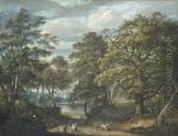 An Extensive Wooded River Landscape With Figures On A Country Roadand A Town Beyond - view 1
