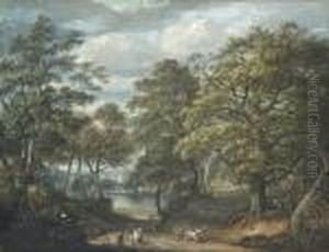 An Extensive Wooded River Landscape With Figures On A Country Roadand A Town Beyond by Paul Sandby