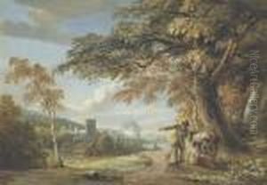 Travellers Resting On A Country Road, A Castle And Harbourbeyond by Paul Sandby