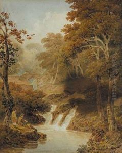 Figures By A Small Cascade With A Stonebridge Beyond
