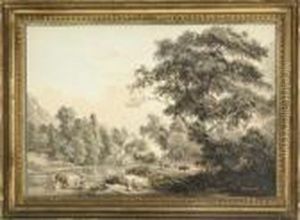 A Wooded River Landscape With
Dairy Maids In The Foreground, A Cottage And Travellers On A Track
Beyond by Paul Sandby