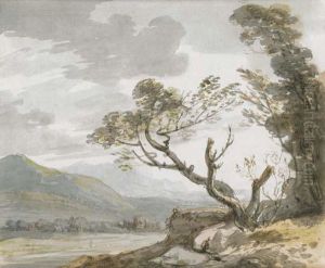 View Down A Valley Towards Distant Buildings, Trees In The Foreground View Down A Valley Towards Distant Buildings, Trees In The Foreground