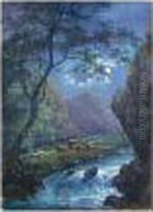 Cows By A River At Night; Figures By A Waterfall by Paul Sandby