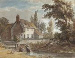 A Cottage By A River With Figures In The Foreground A Cottage By A River With Figures In The Foreground