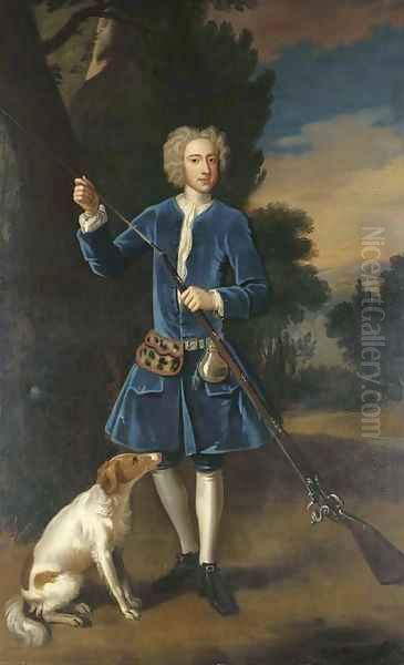 Portrait of a gentleman, full-length, in a blue velvet coat, loading his gun, a spaniel at his side, in a landscape - view 1