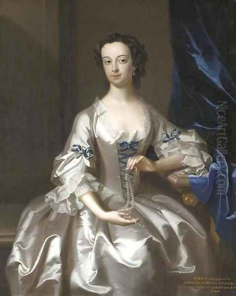 Portrait of Mary Rand, half-length, seated, in an oyster-satin dress with blue ribbons, holding a string of pearls - view 1