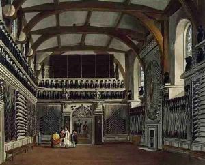 The Old Guard Chamber, The Round Tower, Windsor Castle, from Royal Residences, engraved by Thomas Sutherland b.1785, pub. by William Henry Pyne 1769-1843, 1818 by James Stephanoff