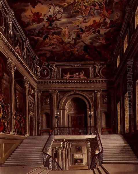 Staircase, Buckingham House, engraved by William James Bennett 1787-1844 from The History of the Royal Residences by William Henry Pyne 1769-1843 pub. 1818 - view 1