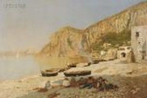 Mending The Nets/an Italian Coastal View by Rubens Santoro