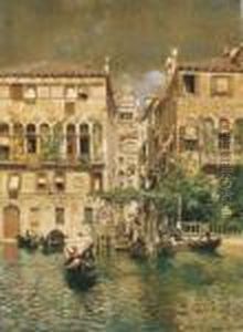 Gondolas Leaving A Residence On The Grand Canal, Venice by Rubens Santoro