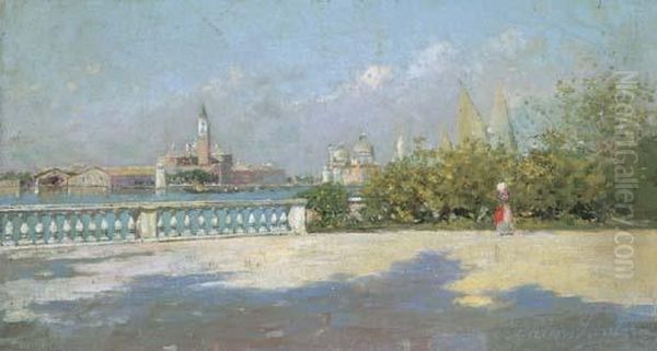A Sunlit Park Facing The Church Of San Giorgio Maggiore by Rubens Santoro