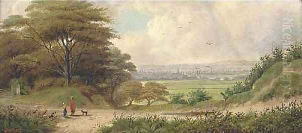 Figures on a rural track before a city - view 1