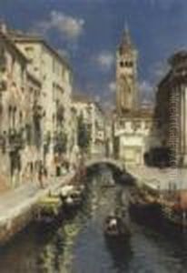 Gondolas On A Venetian Backwater by Rubens Santoro