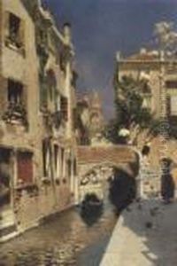 A Woman Carrying Water Beside A Venetian Canal by Rubens Santoro