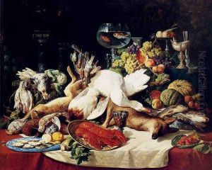 A Still Life With Fruit, Fish, Game And A Goldfish Bowl by Lucas Schaefels
