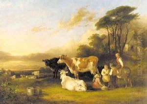 Children with a bird's nest in the pasture by William Shayer, Jr.