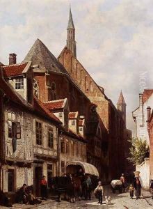 A Busy Street In Bremen With The Saint Johann Church In The Background by Cornelis Springer