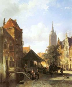 Figures In A Street In Delft by Cornelis Springer
