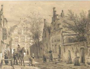 Enkhuizen a streetscene in the Dutch town of Enkhuizen by Cornelis Springer