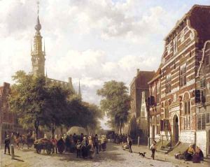 A busy market in Veere with the bell-tower of the town hall beyond by Cornelis Springer
