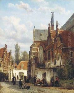 Achter de Zuiderkerk te Enkhuizen bij zomer figures conversing by the Zuiderkerk in Enkhuizen by Cornelis Springer