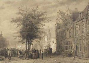 Markt te Oudewater a farmers market by Cornelis Springer