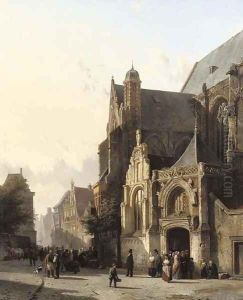 Numerous figures leaving church in a sunlit street