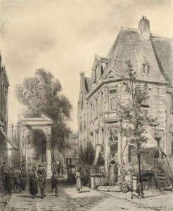 A busy street in Weesp by Cornelis Springer