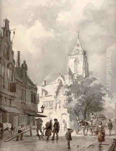 A capriccio view of Woerden with the Petruskerk beyond by Cornelis Springer