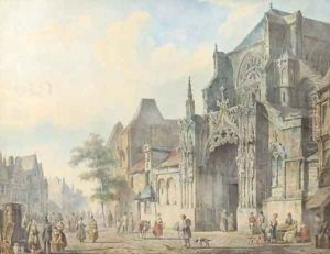 A townview with figures on a church square