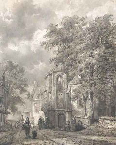 Asperen a town view with figures by a church by Cornelis Springer
