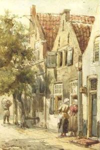 Figures conversing in a street, Monnickendam