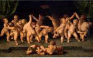 Putti Dancing Between Draped Green Curtains by Raphael