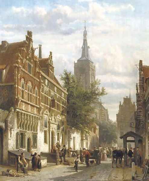 A sunny view of the Nieuwstraat in the Dutch town of Hasselt, with the St. Stephanus church beyond - view 1