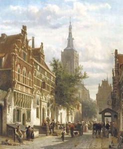 A sunny view of the Nieuwstraat in the Dutch town of Hasselt, with the St. Stephanus church beyond by Cornelis Springer