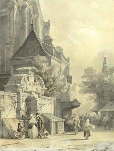 Daily activities on a church square by Cornelis Springer
